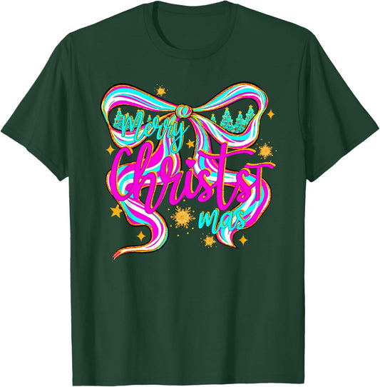 Preppy Merry Christmas Coquette Bow Pink Xmas Tree Girl T-Shirt - T-Shirt | Forest