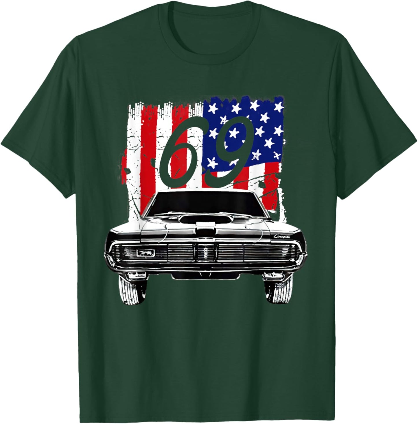 1969 69 Mercury Cougar Red Classic Vintage Old Car USA Flag T-Shirt - T-Shirt | Forest