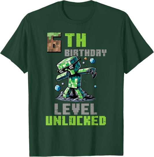 6th Birthday Level Unlocked Pixel Dab 6 Bday Gamer Boys Kids T-Shirt - T-Shirt | Forest