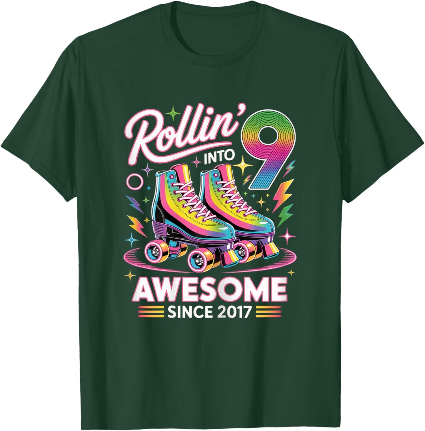 9th Birthday Girl Nine 9 Year Old Roller Skate Skating T-Shirt - T-Shirt | Forest
