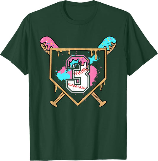 3rd Third Birthday Baseball Bat Ice-Cream Drip 3yrs Old Boys T-Shirt - T-Shirt | Forest