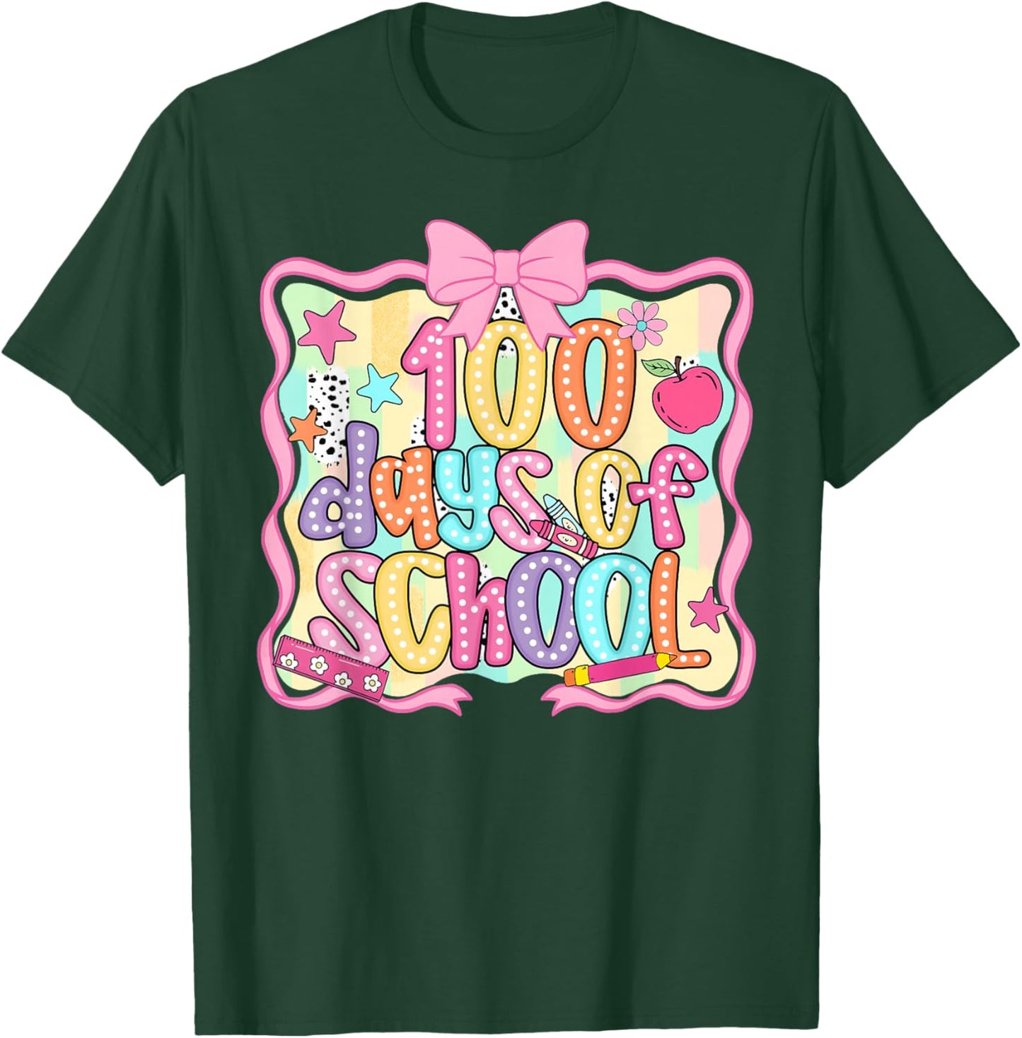 Preppy 100th Day of School 100 Days Teacher Kid Coquette Bow T-Shirt - T-Shirt | Forest