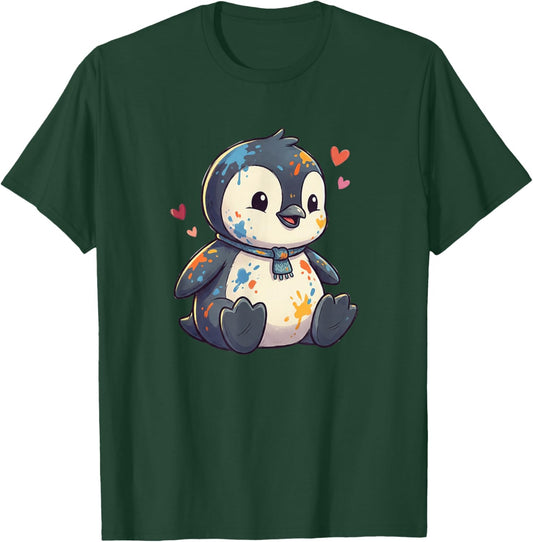 Adorable Baby Penguin with Color Paint Hearts T-Shirt - T-Shirt | Forest
