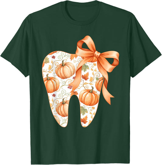Tooth Coquette Bow Dentist Thanksgiving Dental Assistant T-Shirt - T-Shirt | Forest