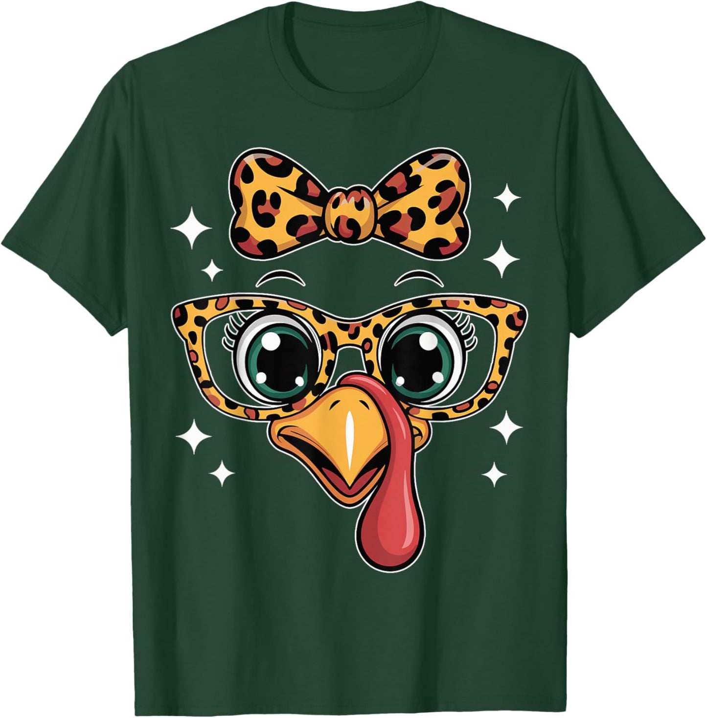 Thanksgiving Turkey Face Leopard Bow Glasses Women Girls T-Shirt - T-Shirt | Forest