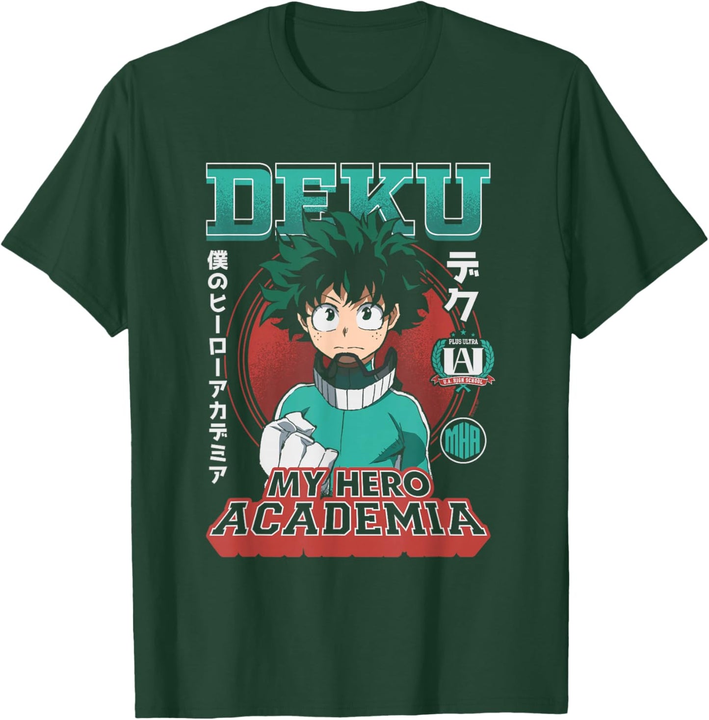 MHA Deku Portrait Collage with Badges and Kanji Anime T-Shirt - T-Shirt | Forest