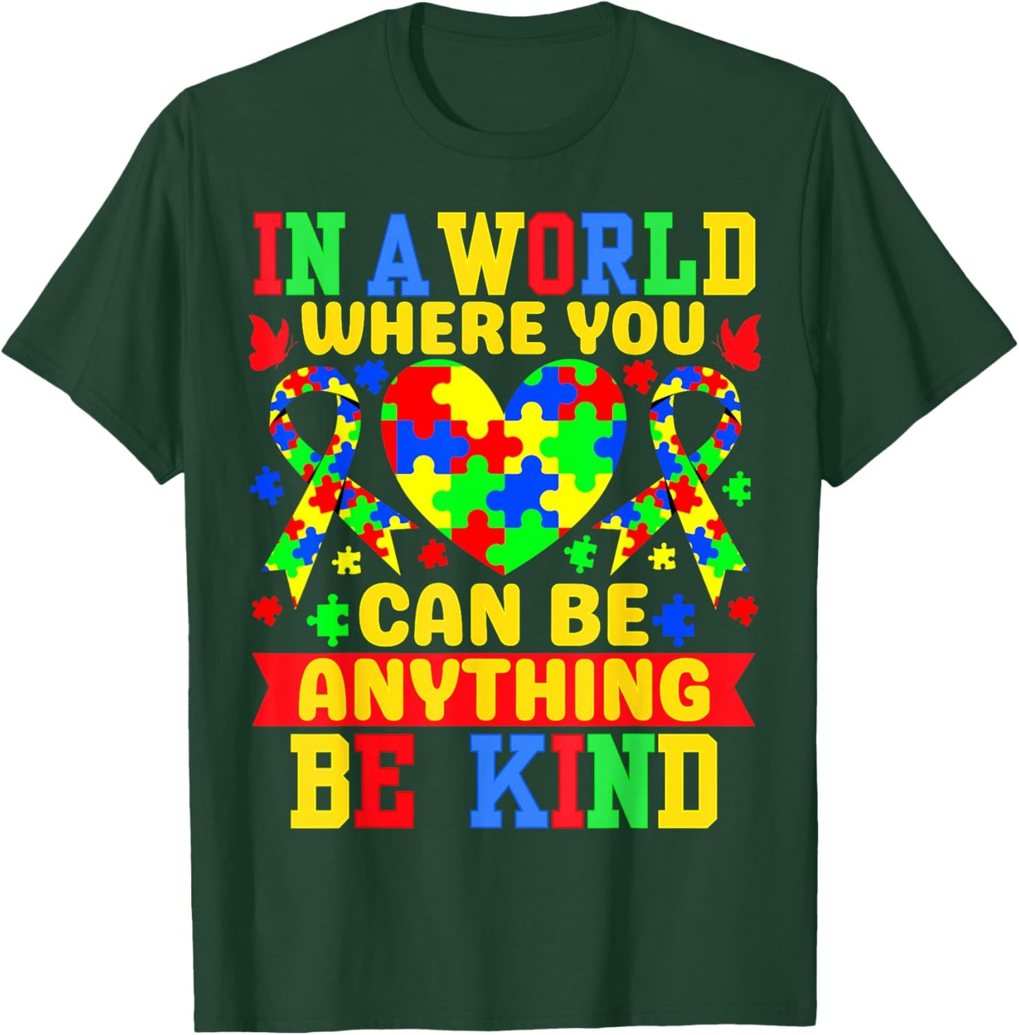 Be Kind Autism Awareness Ribbon Heart Autism Puzzle Kids T-Shirt - T-Shirt | Forest