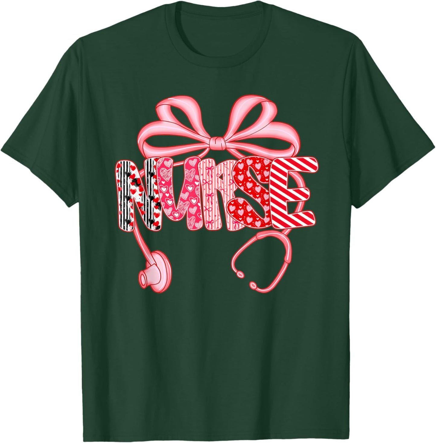 Nurse Valentine's Day Heart Stethoscope Bow NICU RN Nurse T-Shirt - T-Shirt | Forest