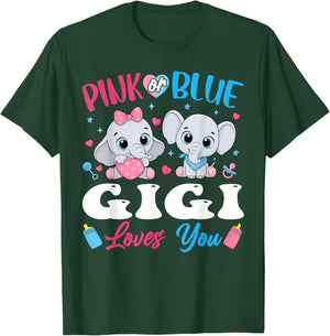 Pink or Blue Gigi Loves You Gender Reveal Elephant T-Shirt - T-Shirt | Forest