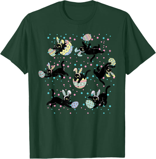 Easter Black Cat Poses Bunny Ears Eggs Cute Girls Kids Women T-Shirt - T-Shirt | Forest