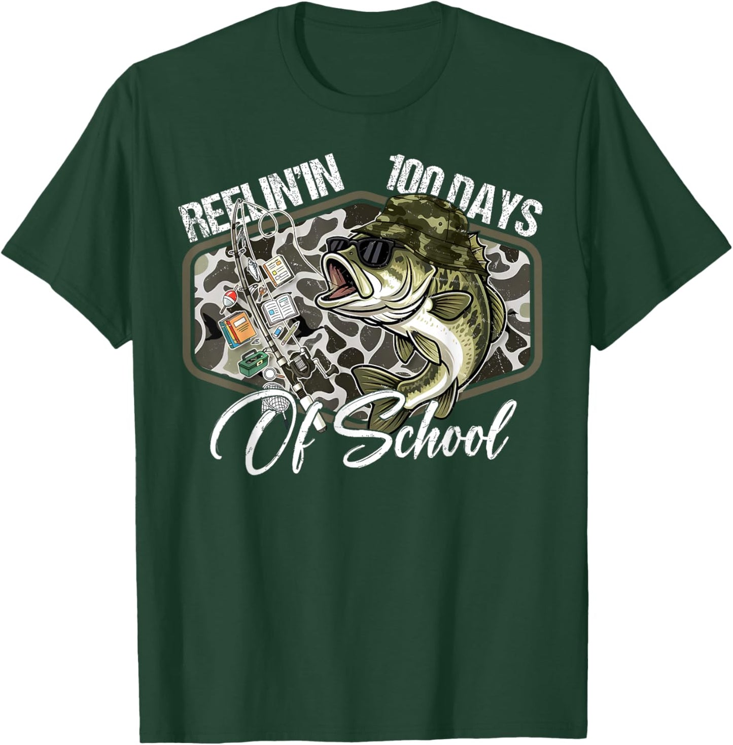Retro Reelin’ in 100 Days of School Camo Bass Fishing Boys T-Shirt - T-Shirt | Forest