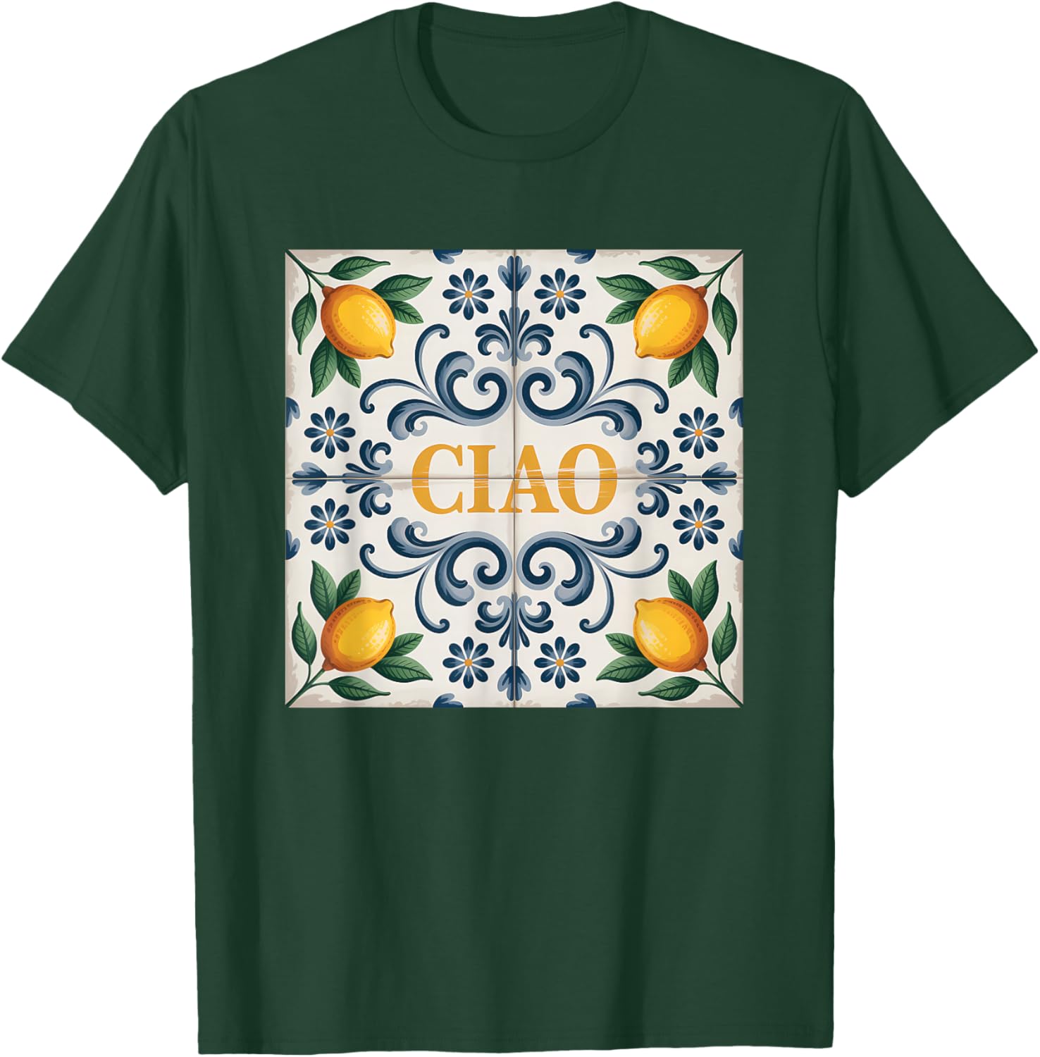 Ciao Lemon Italian Pattern Tile Mediterranean Citrus T-Shirt - T-Shirt | Forest
