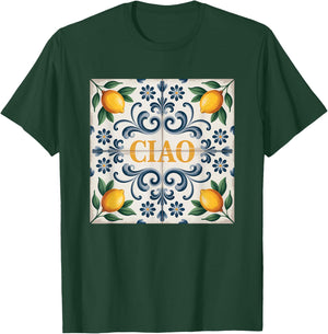 Ciao Lemon Italian Pattern Tile Mediterranean Citrus T-Shirt - T-Shirt | Forest