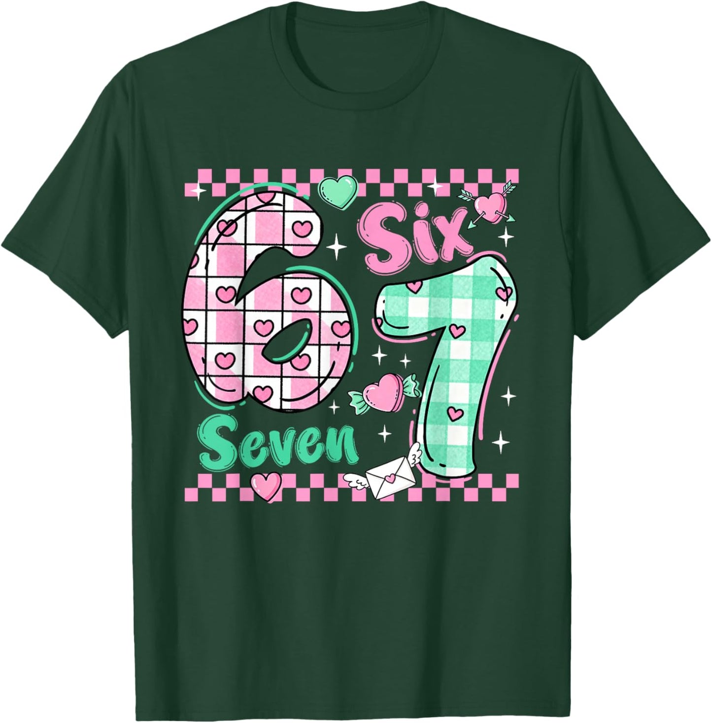 Checkered 67 Meme Six Seven Viral Number Valentines Girl Kid T-Shirt - T-Shirt | Forest