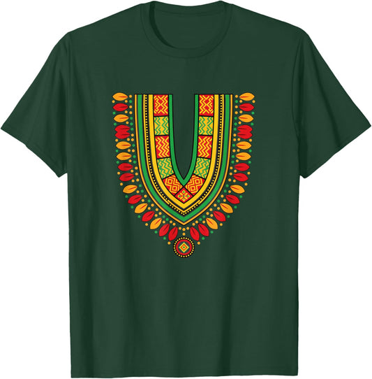 African Dashiki Collar Pattern Ethnic Print Colorful T-Shirt - T-Shirt | Forest