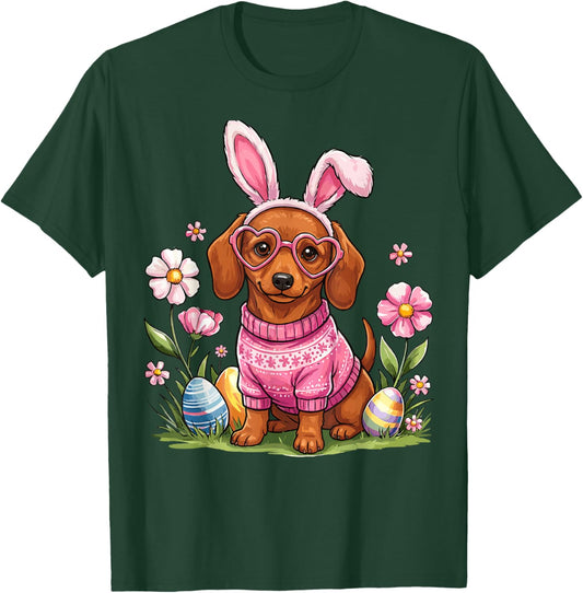 Easter Day Dachshund Dog Outfit Bunny Ears Egg & Basket Eggs T-Shirt - T-Shirt | Forest