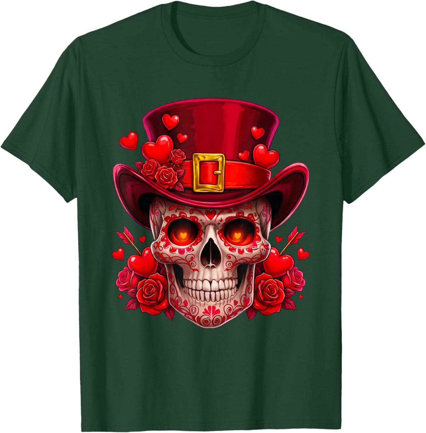 Sugar Skull Valentine Cupid Red Roses Couples Matching Skull T-Shirt - T-Shirt | Forest