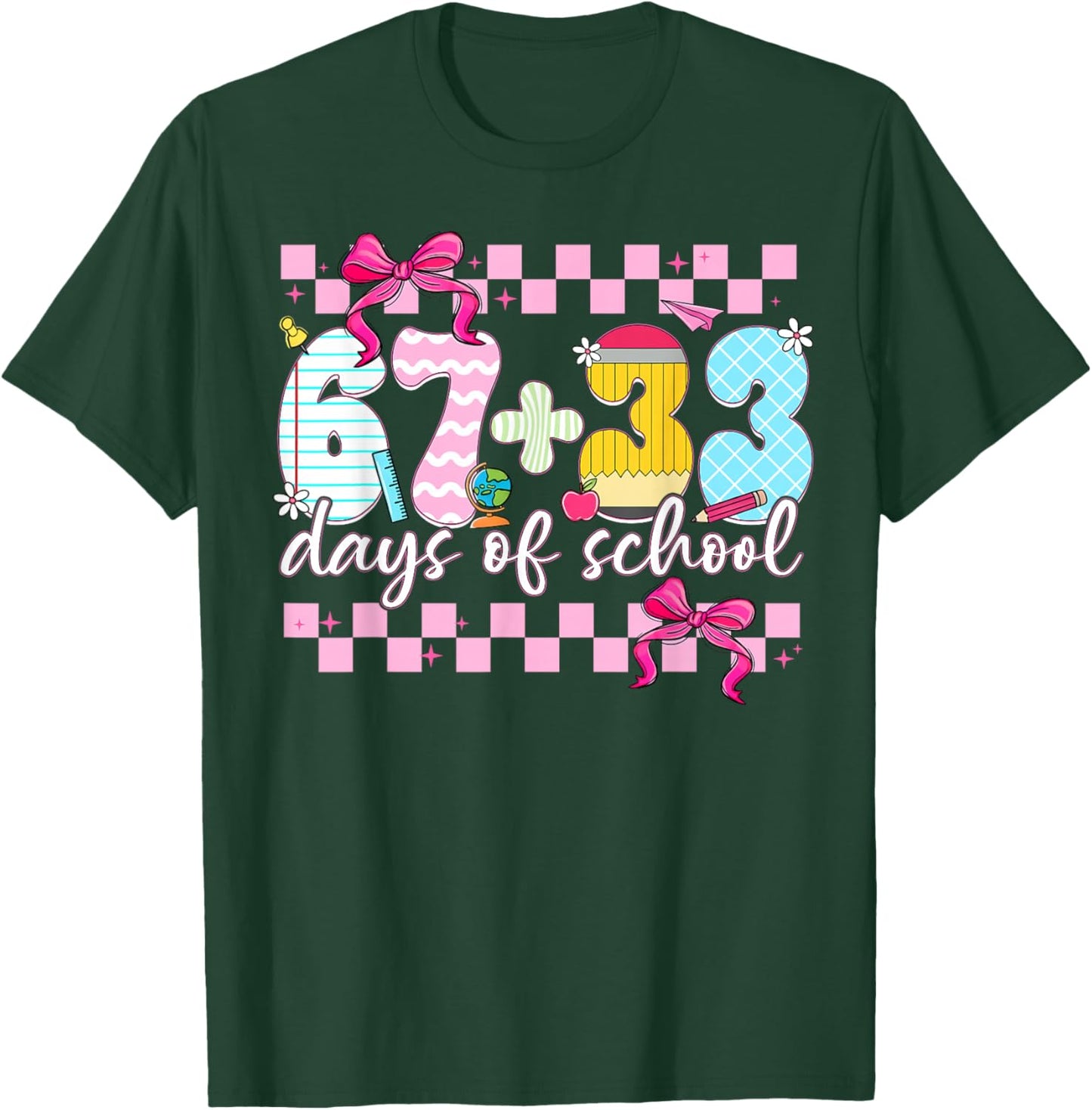 67 + 33 Days of School Cute Coquette Bow Girl Kid Teacher T-Shirt - T-Shirt | Forest