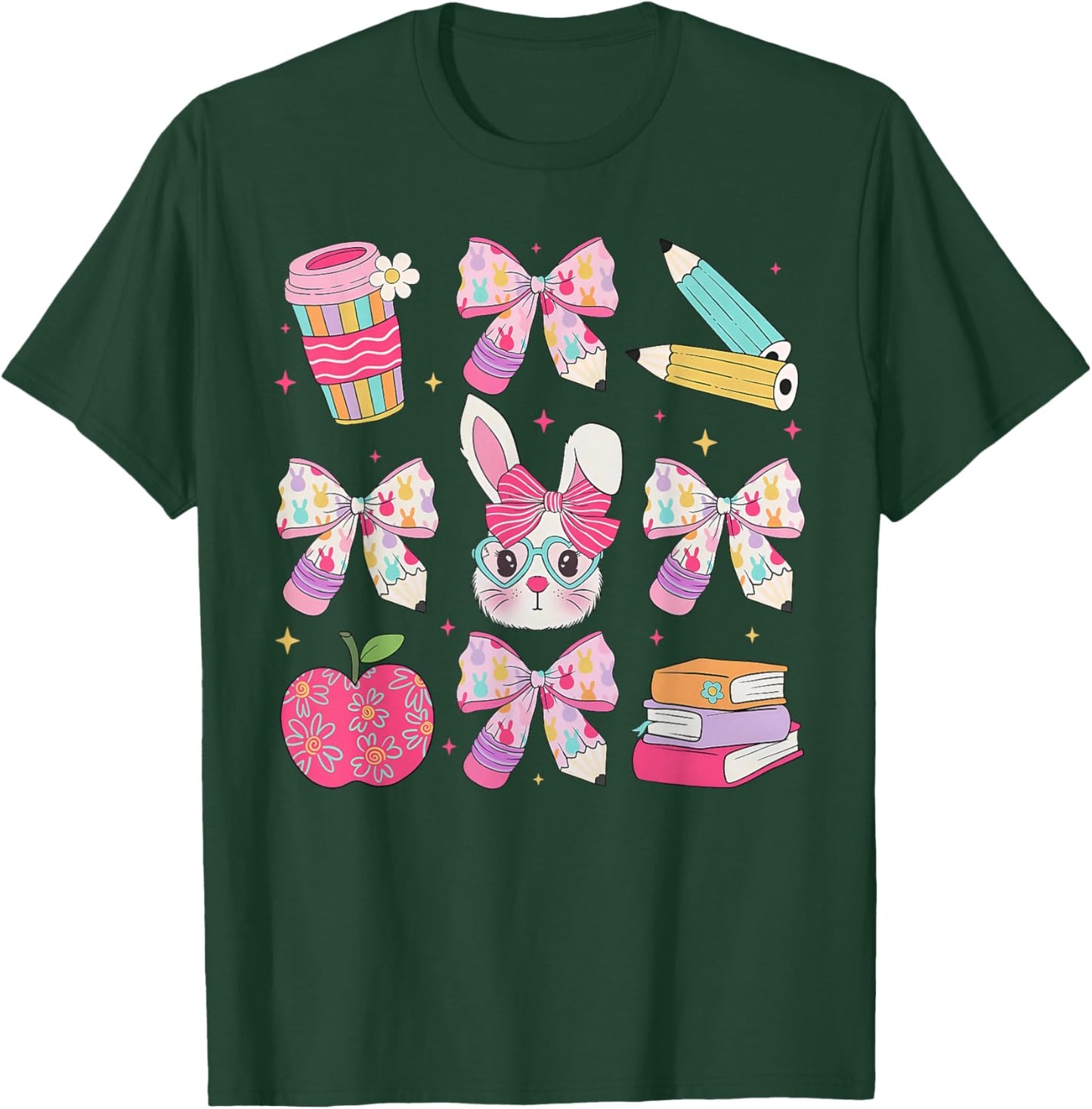 Funny Bunny Coquette Bow Rabbit Teacher Easter Retro Trendy T-Shirt - T-Shirt | Forest