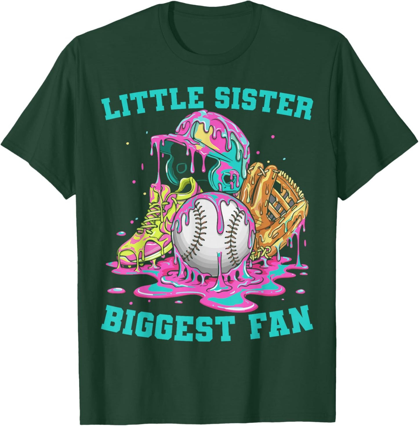 Little Sister Biggest Fan Baseball Cream Drip Crossed Bats T-Shirt - T-Shirt | Forest