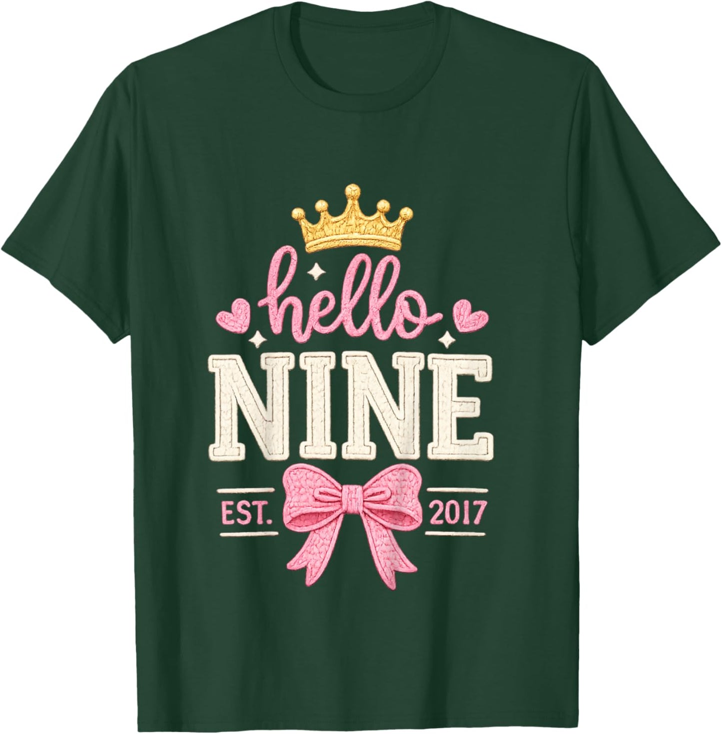 Hello Nine Est 2017 Cute 9th Birthday Bow 9 Years Old Girl T-Shirt - T-Shirt | Forest