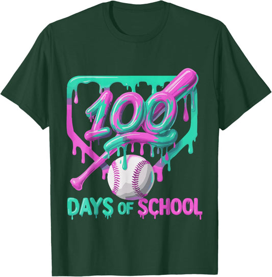 100 Days of School Baseball Ice Cream Drip 100th Day Player T-Shirt - T-Shirt | Forest