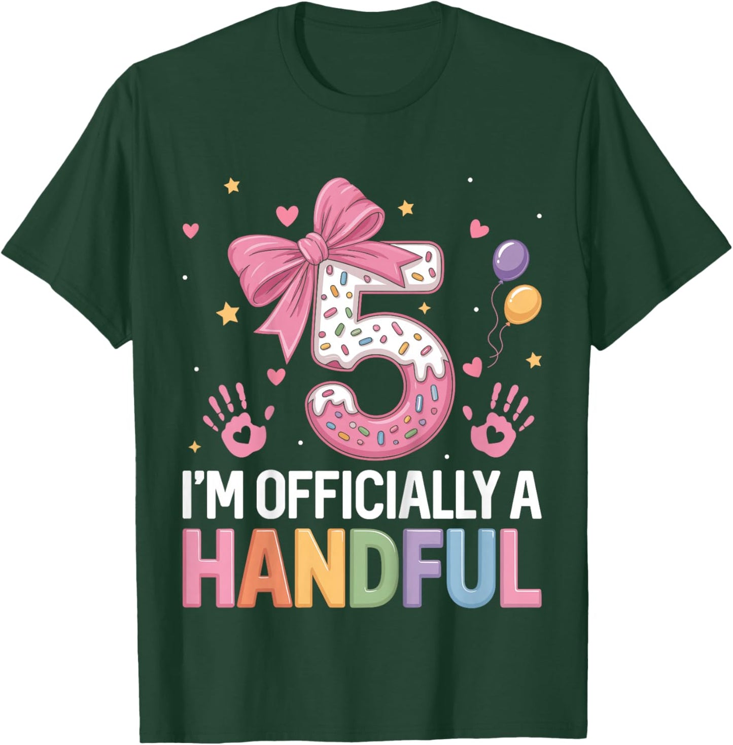 Kids 5 I'm Officially A Handful Donut Lover 5th Birthday Pink Bow T-Shirt - T-Shirt | Forest