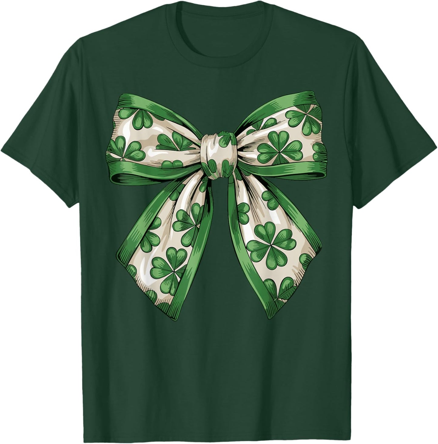 Vintage Saint Pattys Shamrock Coquette Bow Clover Girls T-Shirt - T-Shirt | Forest