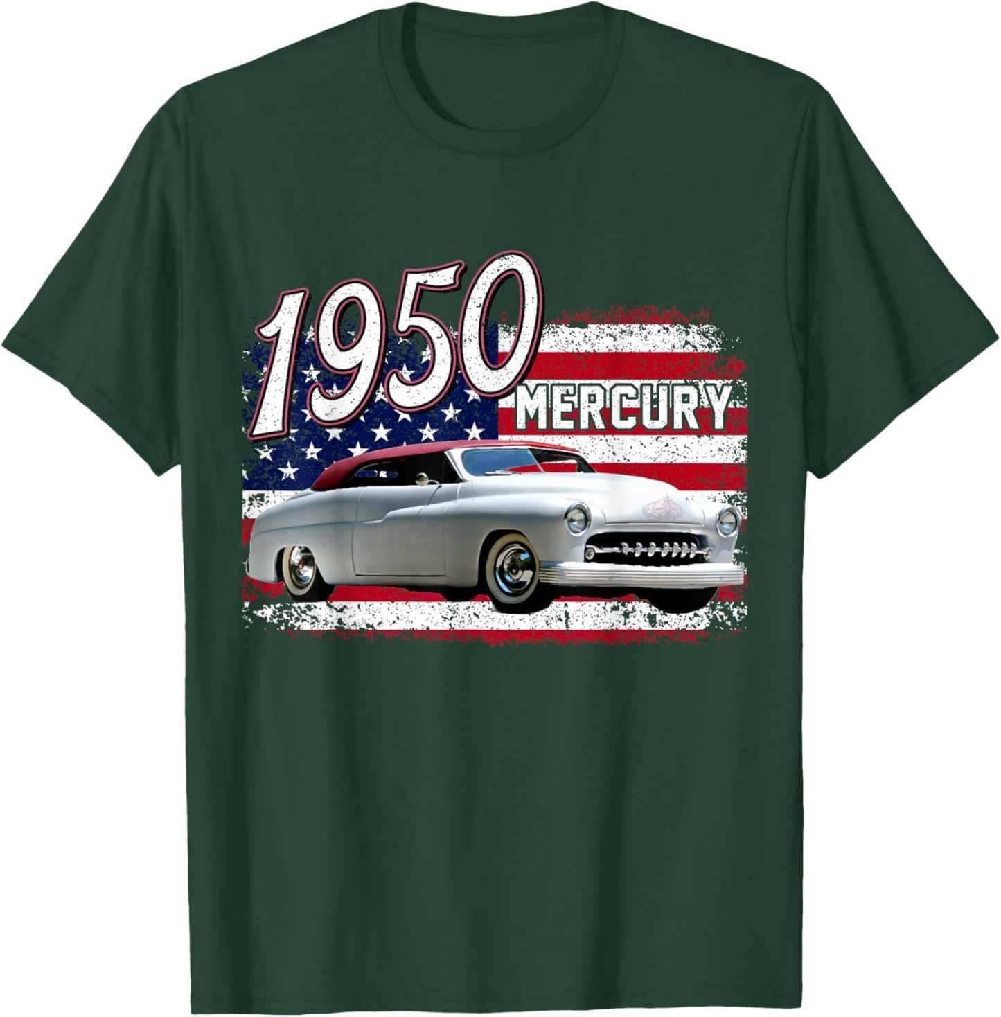 1950 50 Mercury Classic Vintage Old Car USA Flag T-Shirt - T-Shirt | Forest
