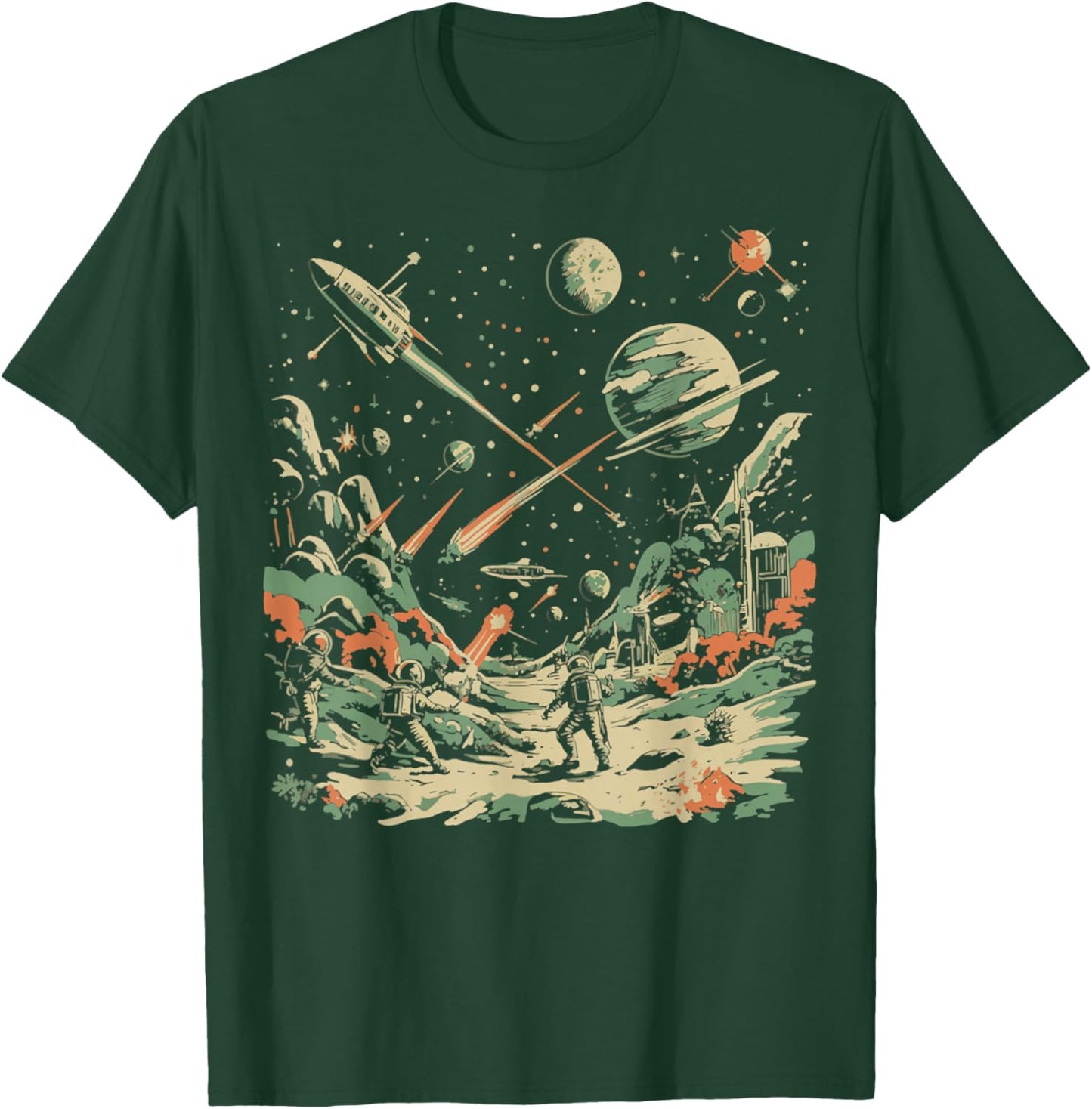 Space Battle Vintage Sci-fi Fighter Astronaut Illustration T-Shirt - T-Shirt | Forest