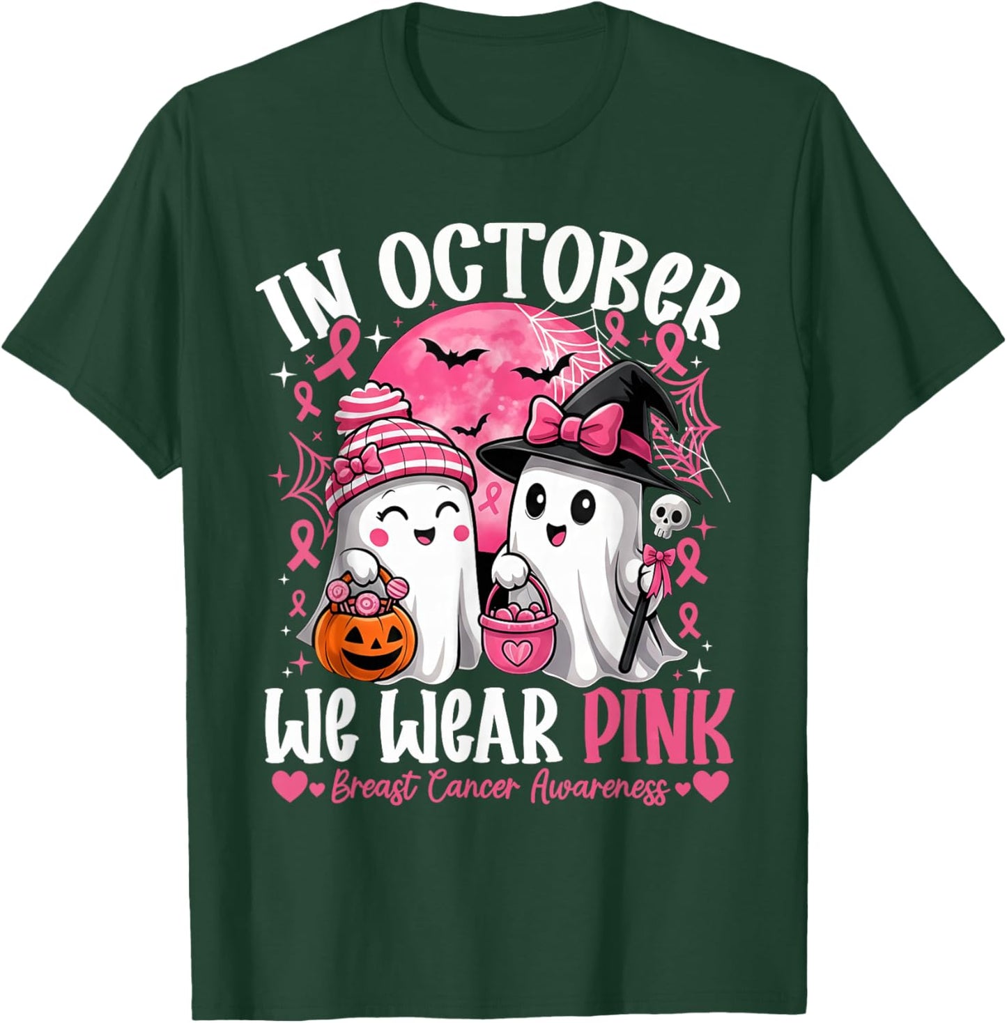 in October We Wear Pink Shirt Ghost Breast Cancer Awareness T-Shirt - T-Shirt | Forest