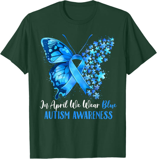 in April We Wear Blue Autism Awareness Butterfly Puzzle T-Shirt - T-Shirt | Forest
