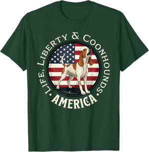 Life, Liberty and Coonhounds, America: Braying Redtick T-Shirt - T-Shirt | Forest