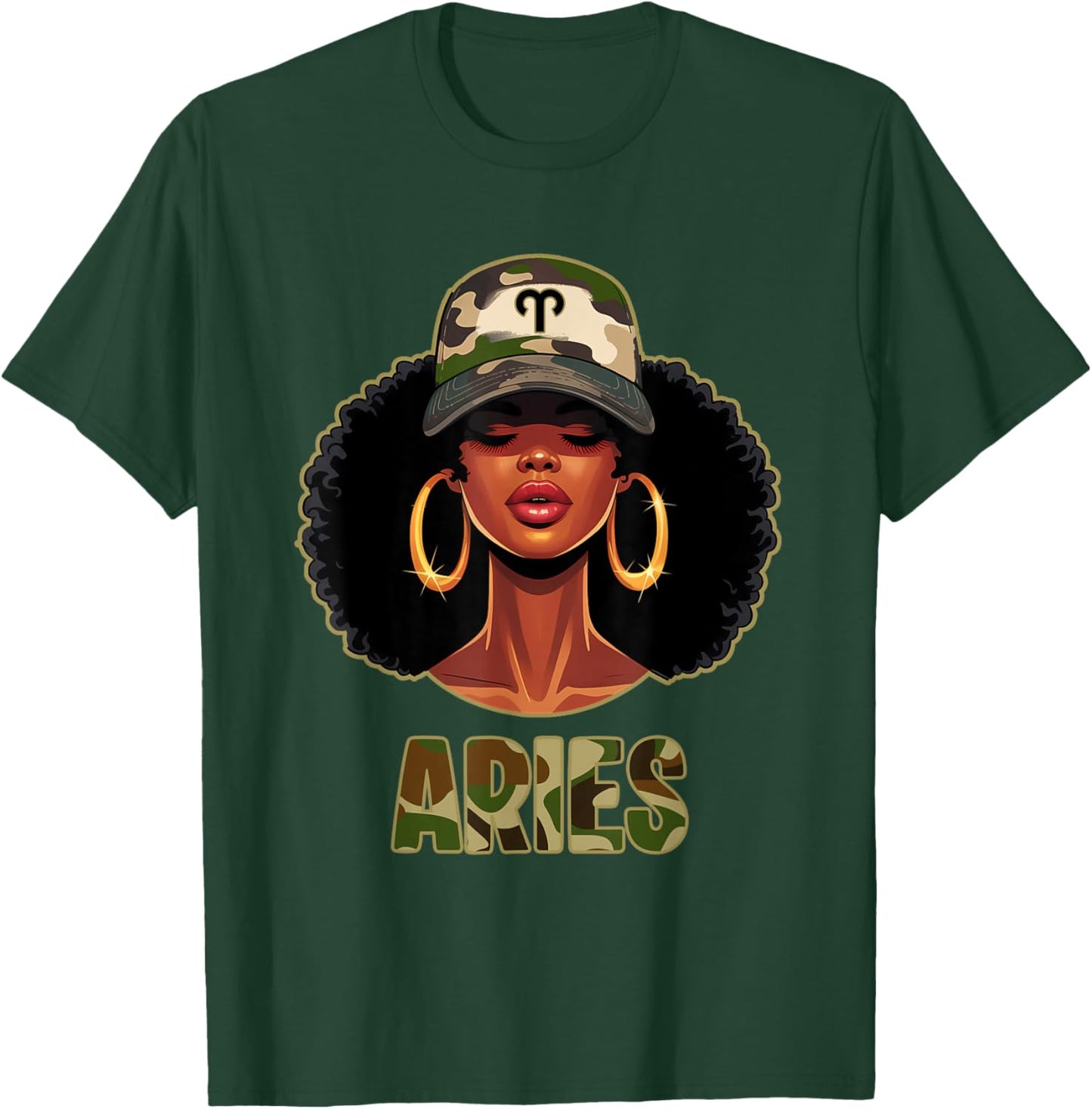 Aries Queen Black Woman with Cap Camo Afro Girl Zodiac T-Shirt - T-Shirt | Forest
