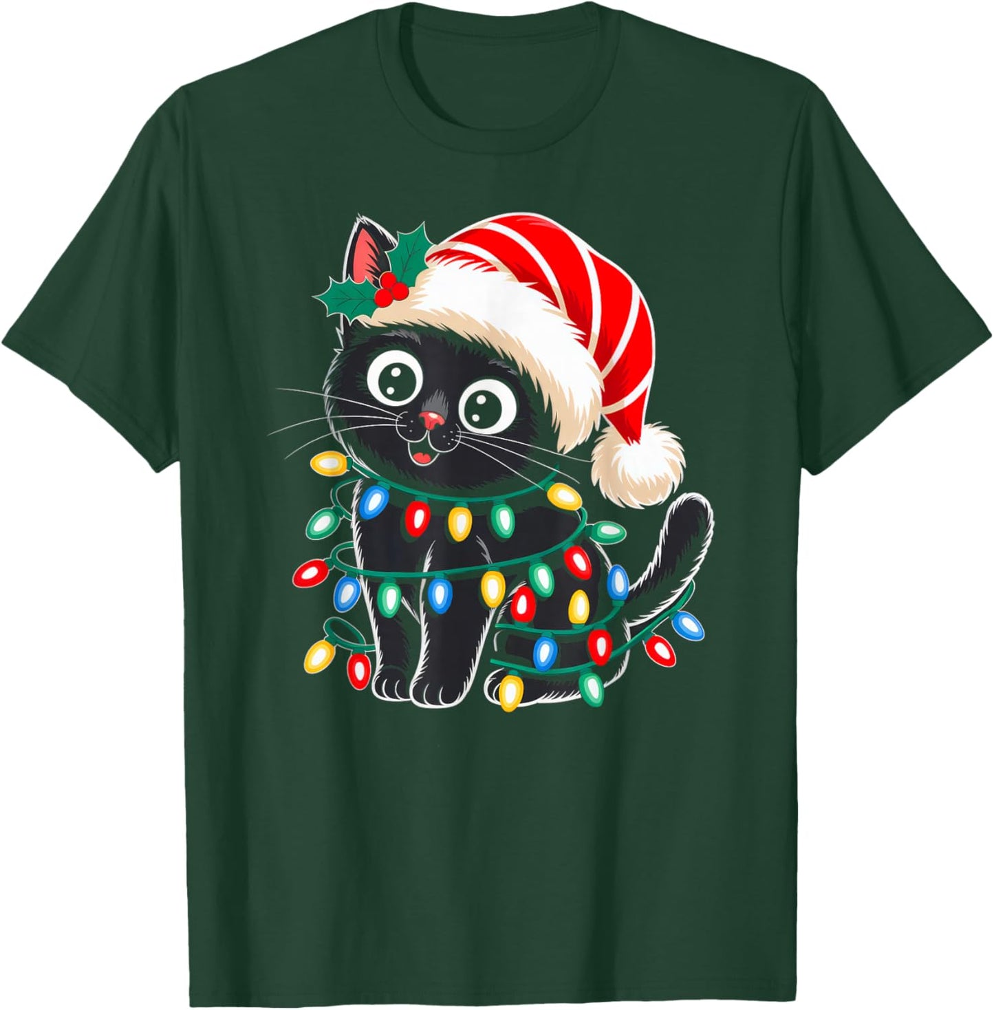 Black Cat Christmas Lights Santa Hat Xmas Pajamas Cat Lover T-Shirt - T-Shirt | Forest