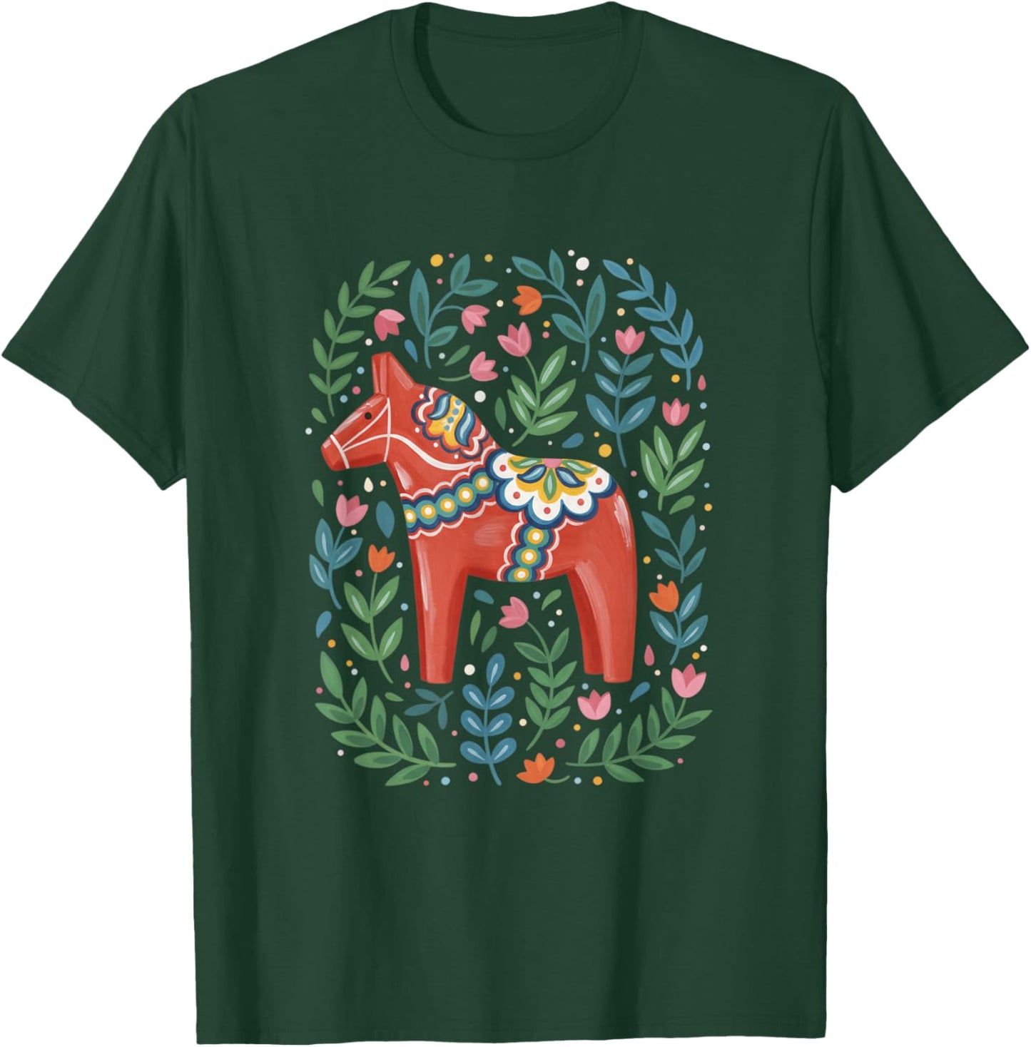 Folk Art Red Dala Horse Scandinavian Horse Floral Decor T-Shirt - T-Shirt | Forest