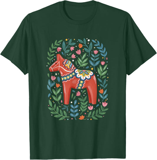 Folk Art Red Dala Horse Scandinavian Horse Floral Decor T-Shirt - T-Shirt | Forest