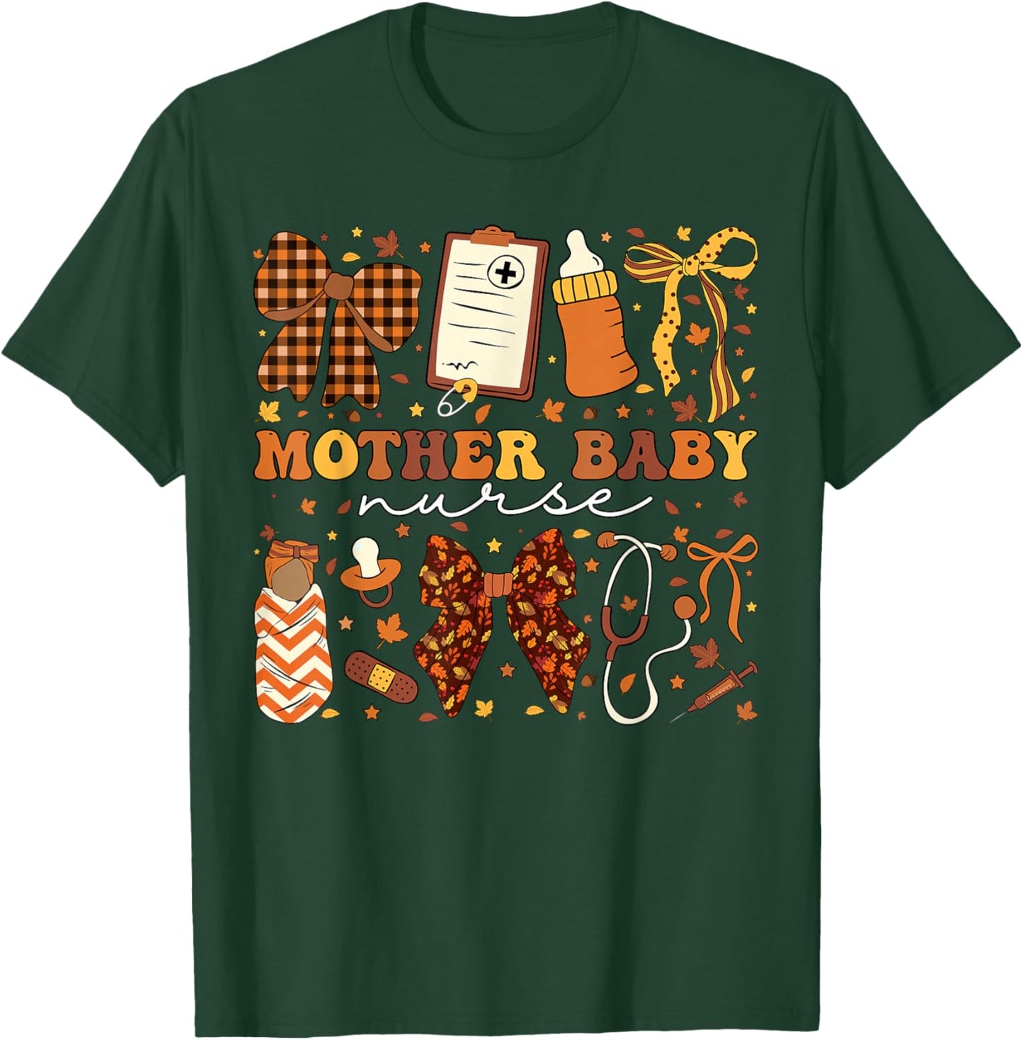 Postpartum Fall Coquette Mother Baby Nurse Thanksgiving T-Shirt - T-Shirt | Forest