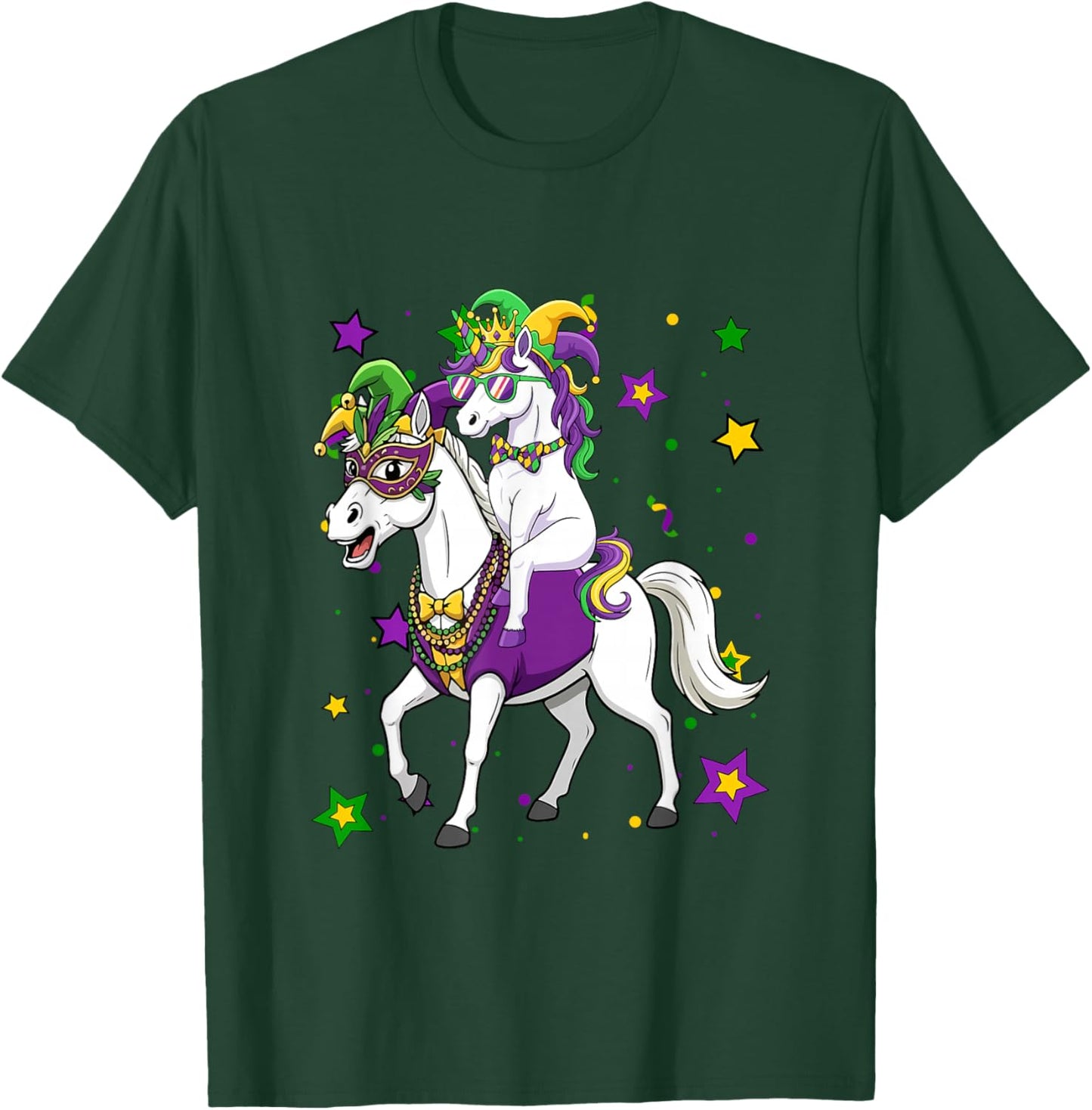 Unicorn Riding Horse Mardi Gras Beads Masked Jester Hat T-Shirt - T-Shirt | Forest