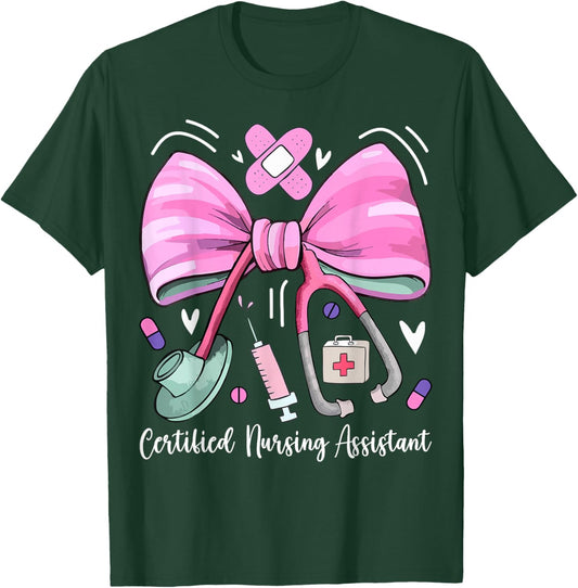 Certified Nursing Assistant CNA Stethoscope Coquette Bow T-Shirt - T-Shirt | Forest