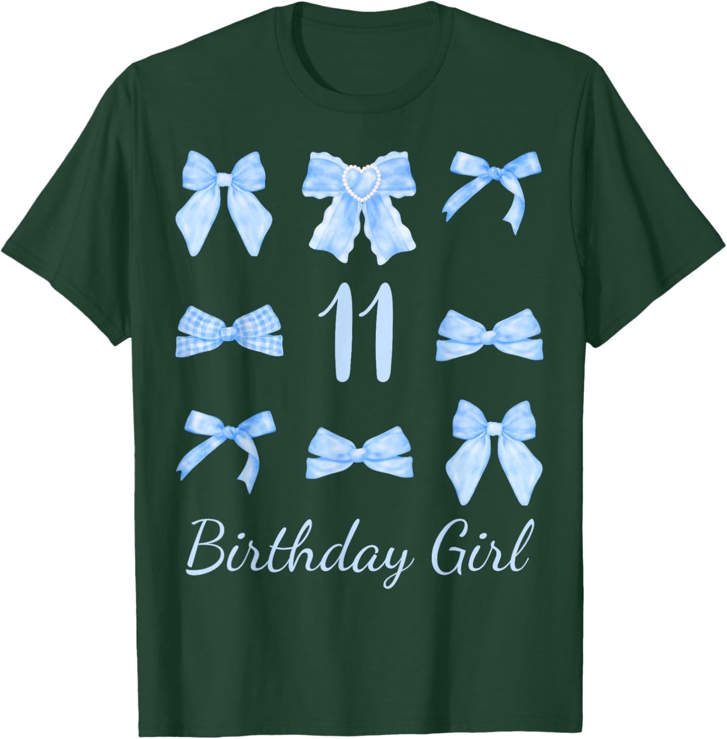 Cute 11 Year Old Birthday Girl Blue Bow and Ribbons T-Shirt - T-Shirt | Forest