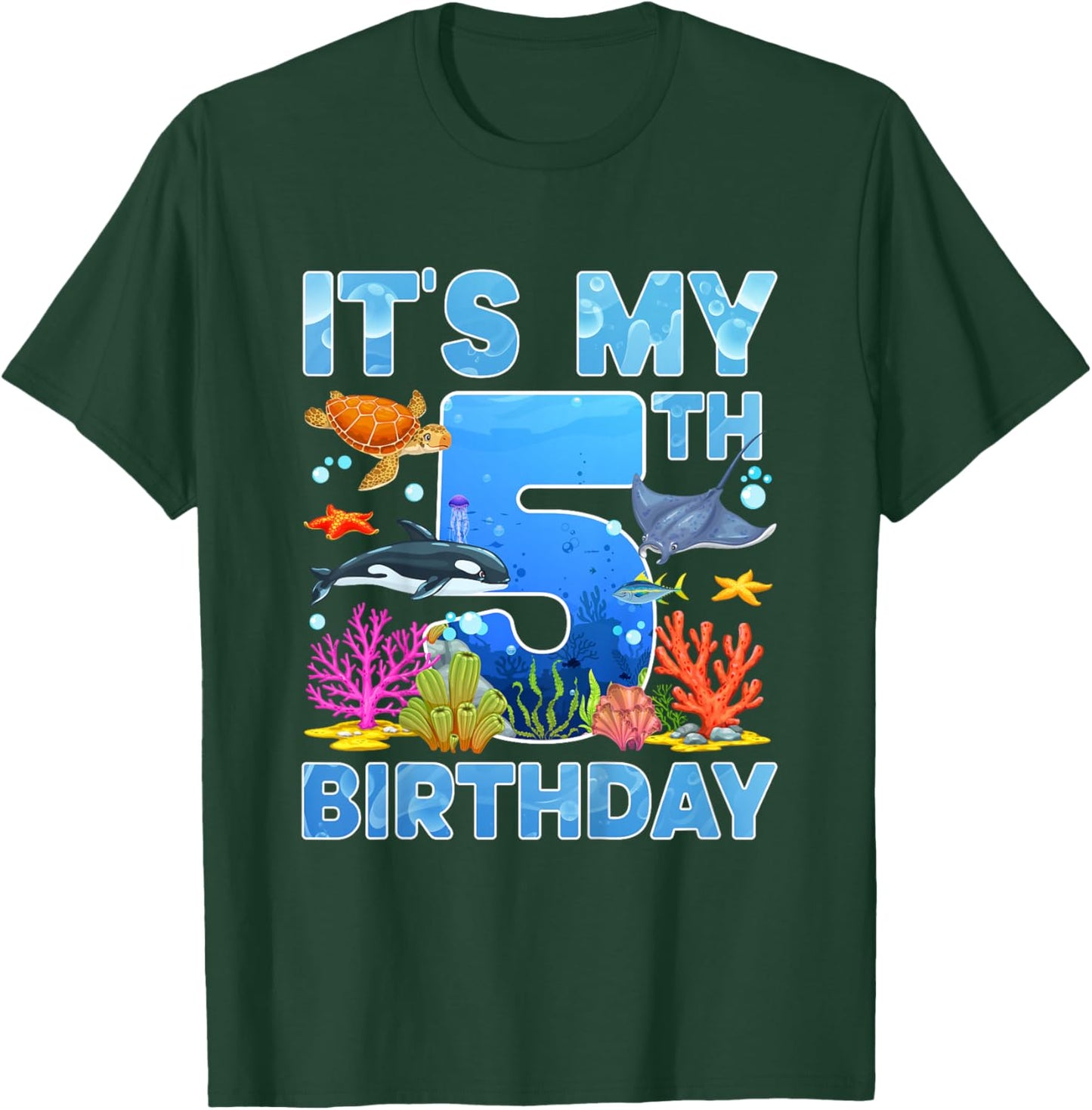 Fifth Ocean Birthday Party 5 Year Old Sea Animals T-Shirt - T-Shirt | Forest