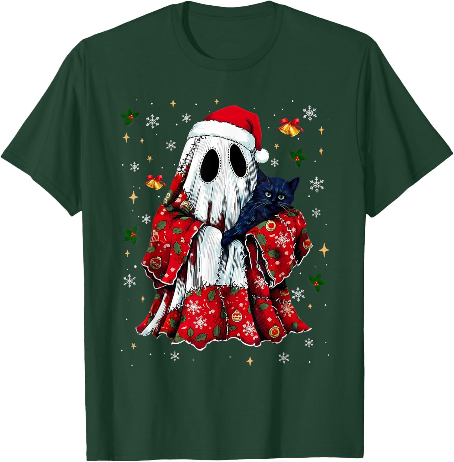 Vintage Christmas Ghost Holding Black Cat Groovy Floral T-Shirt - T-Shirt | Forest