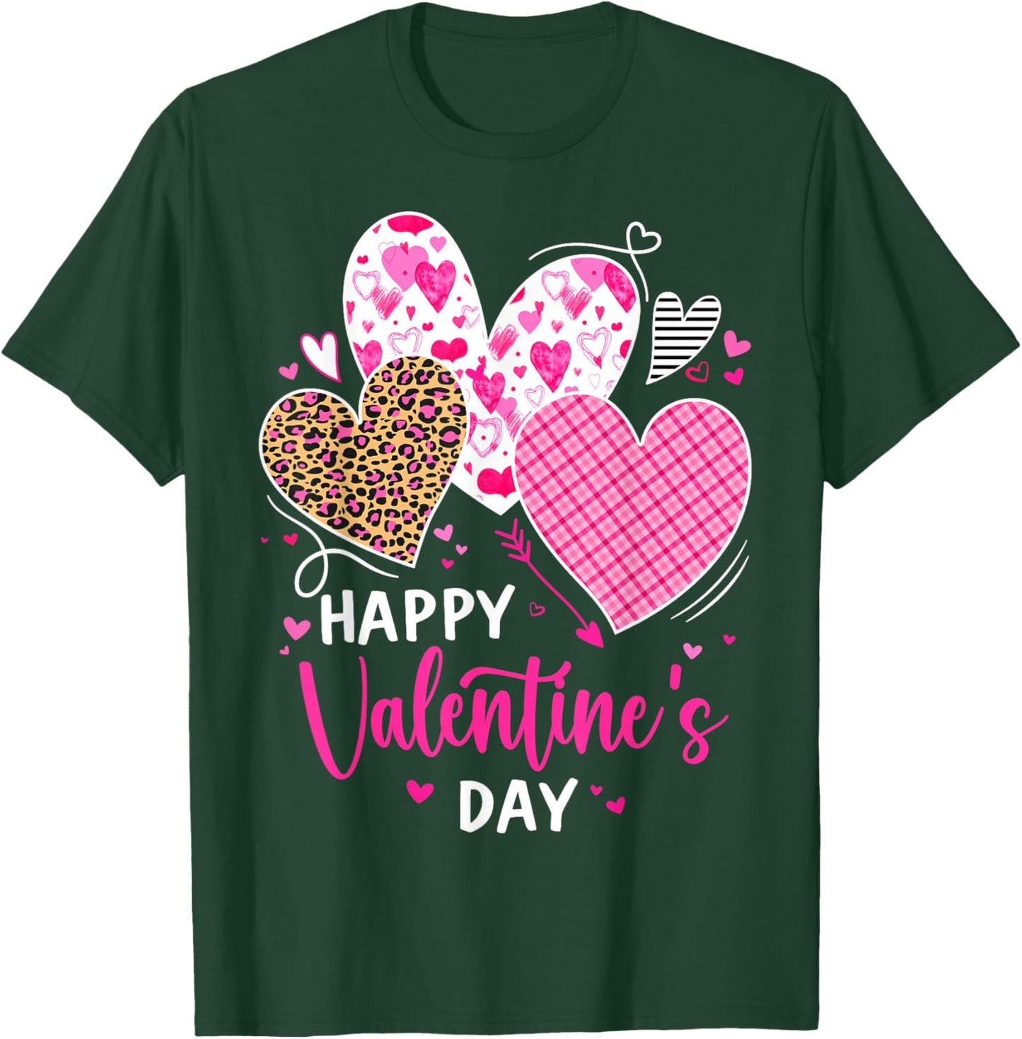 Happy Valentine's Day Leopard and Plaid Hearts Girls Women T-Shirt - T-Shirt | Forest