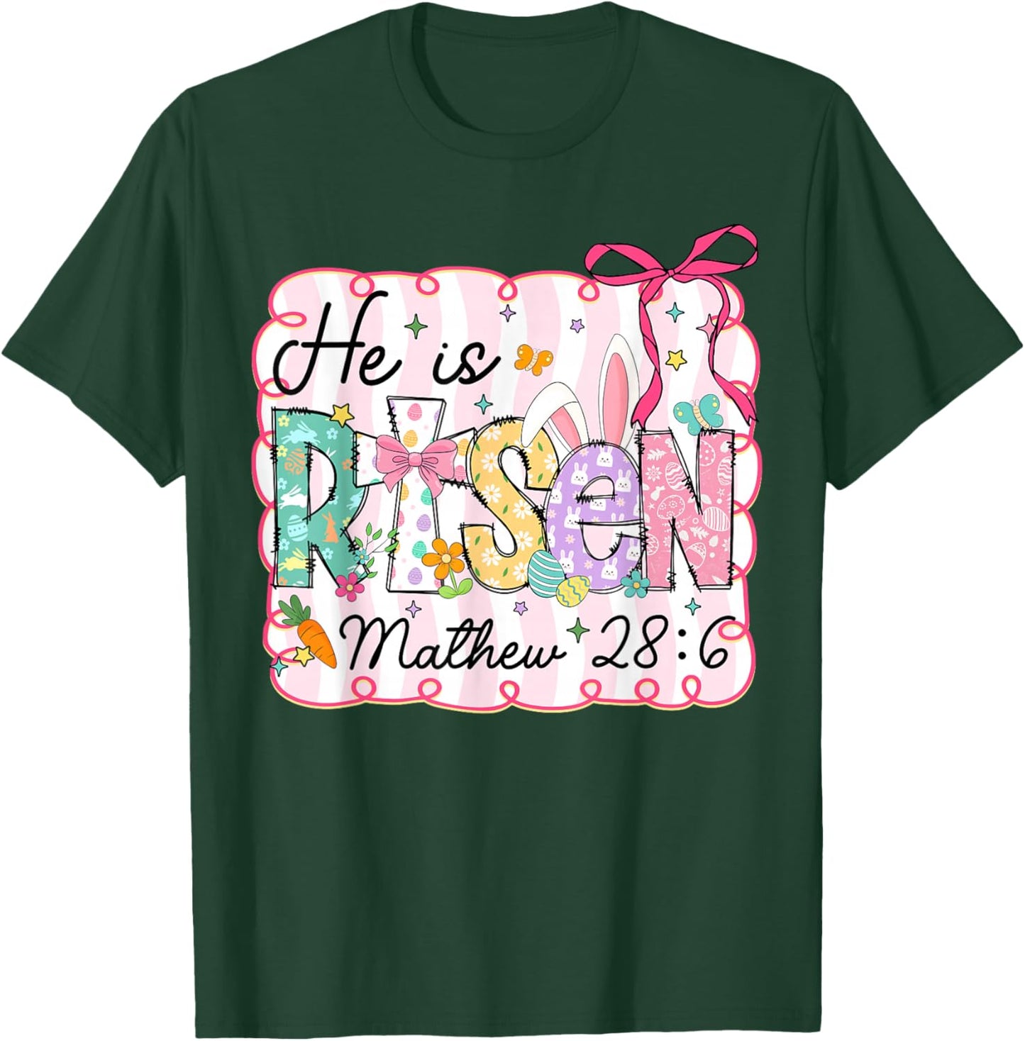 Easter Preppy He is Risen Cross Bow Christian Women Girls T-Shirt - T-Shirt | Forest