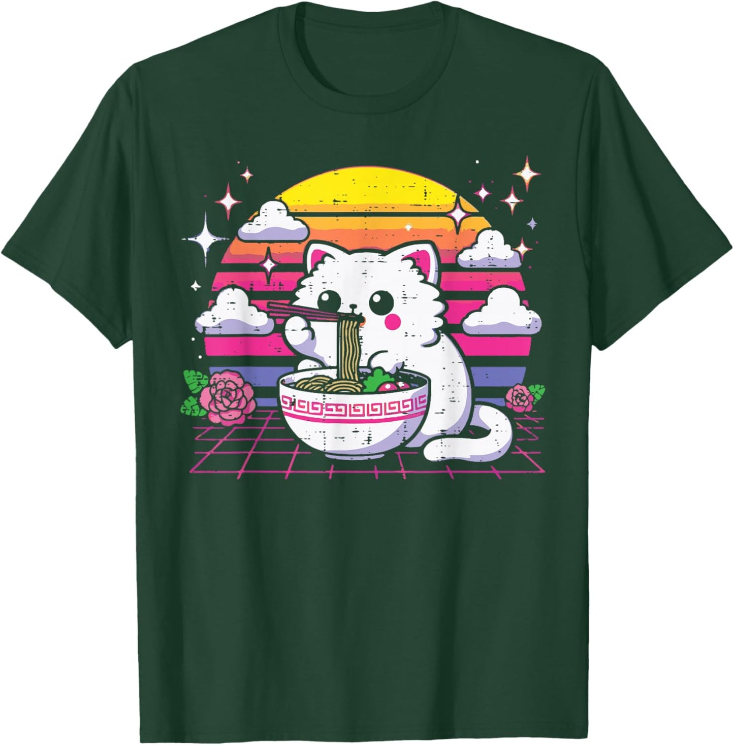 Japanese Cat Eating Ramen Vaporwave Ukiyo-e Women Girls Kids T-Shirt - T-Shirt | Forest
