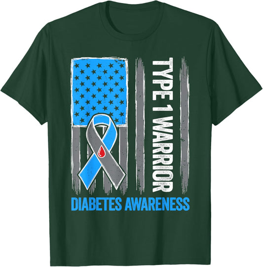 Vintage Diabetes Awareness Ribbon T1D Warrior Support Squad T-Shirt - T-Shirt | Forest