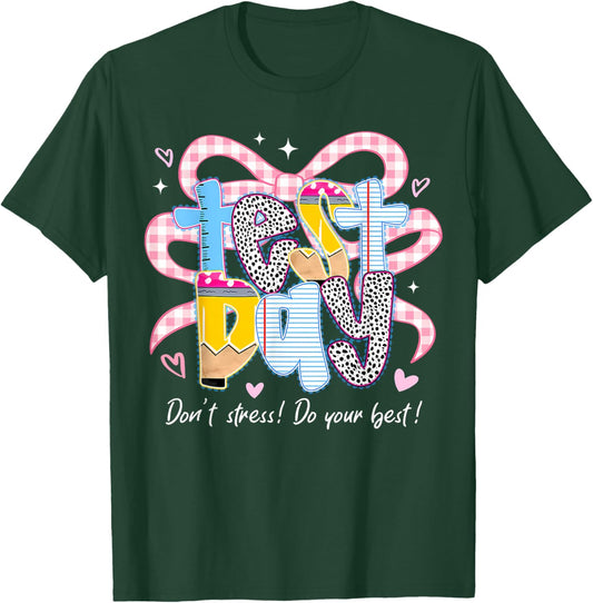 Test Day Pink Plaid Coquette Bow State Testing Teacher Kids T-Shirt - T-Shirt | Forest