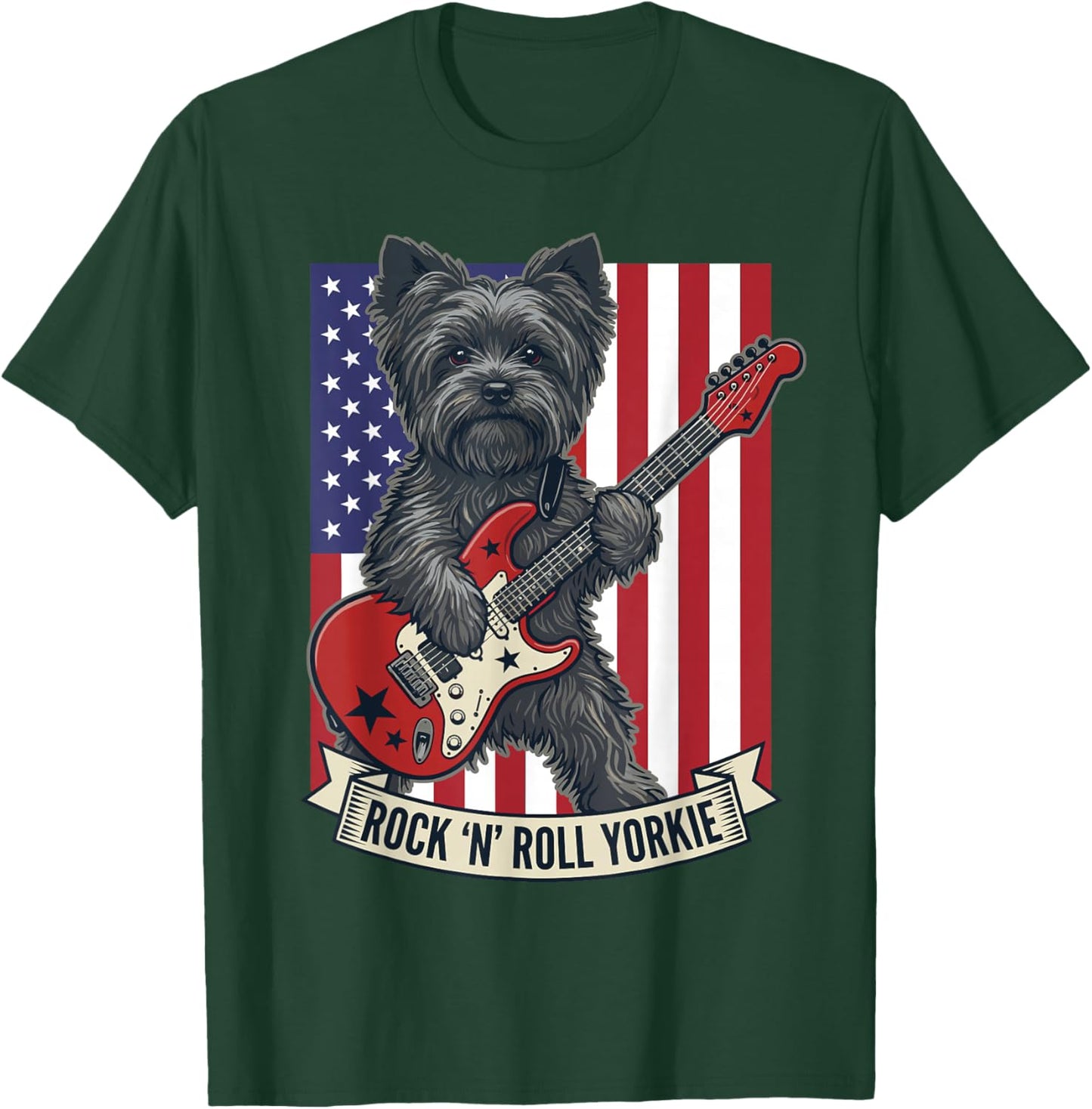 Rock N Roll Yorkie Dog Playing Guitar USA Flag Puppy T-Shirt - T-Shirt | Forest