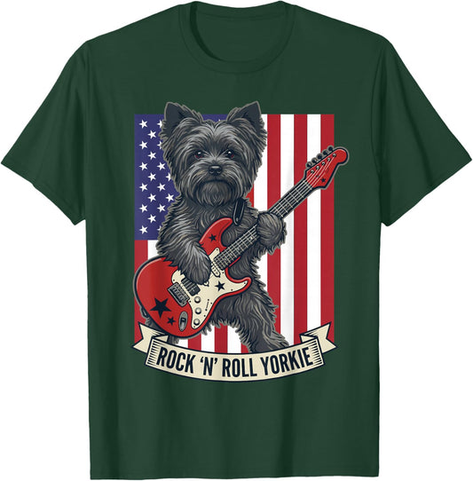 Rock N Roll Yorkie Dog Playing Guitar USA Flag Puppy T-Shirt - T-Shirt | Forest